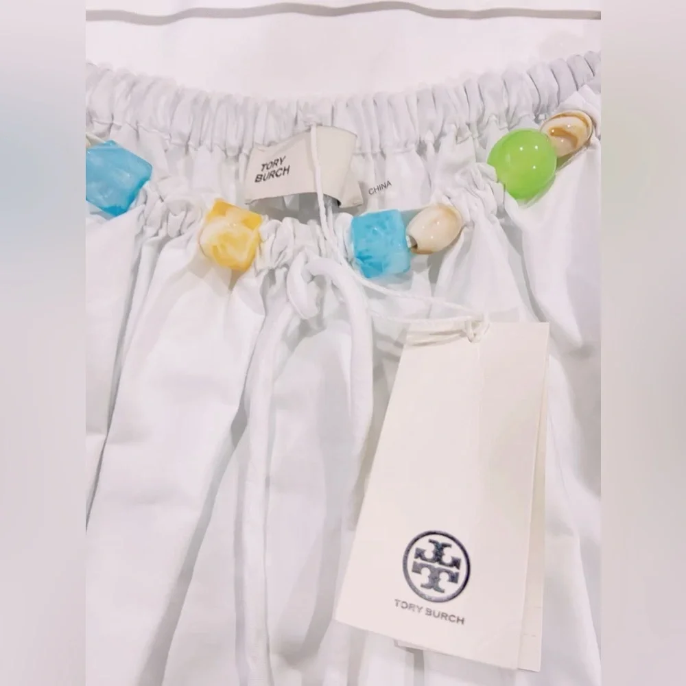 NWT $398 Tory Burch Beaded Cotton Poplin Skirt In White